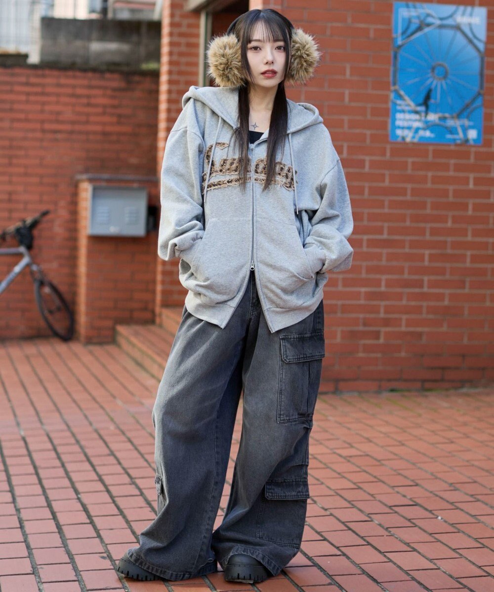 WEGO 【ユニセックス着用ITEM/SMLサイズ展開】レオパードワッペンダブルZIPパーカー 