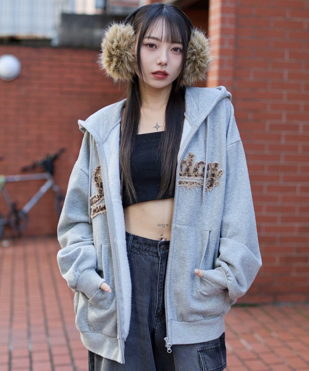 WEGO 【ユニセックス着用ITEM/SMLサイズ展開】レオパードワッペンダブルZIPパーカー 