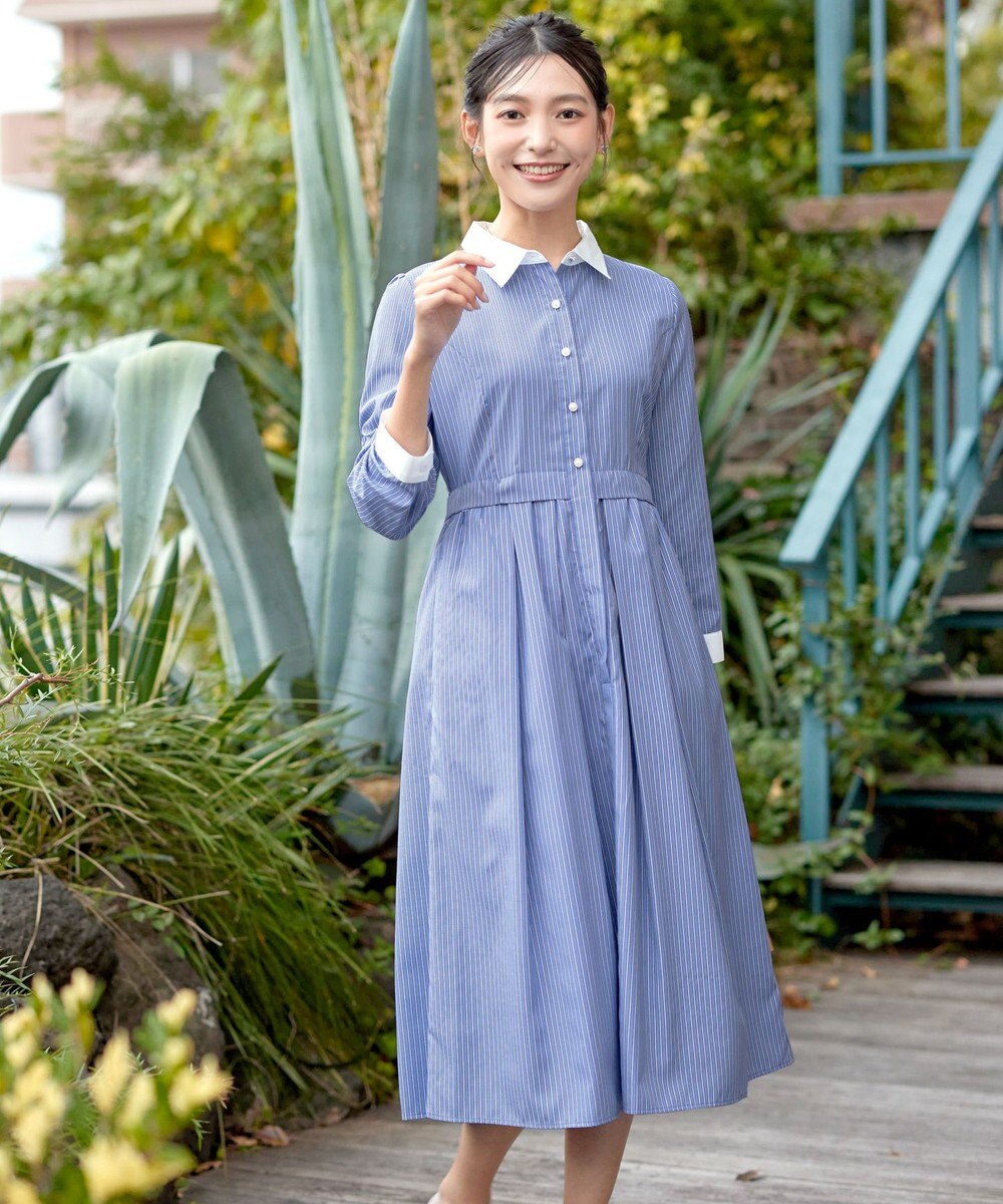 Tiaclasse L 【洗える】パール釦フレアシャツワンピース 