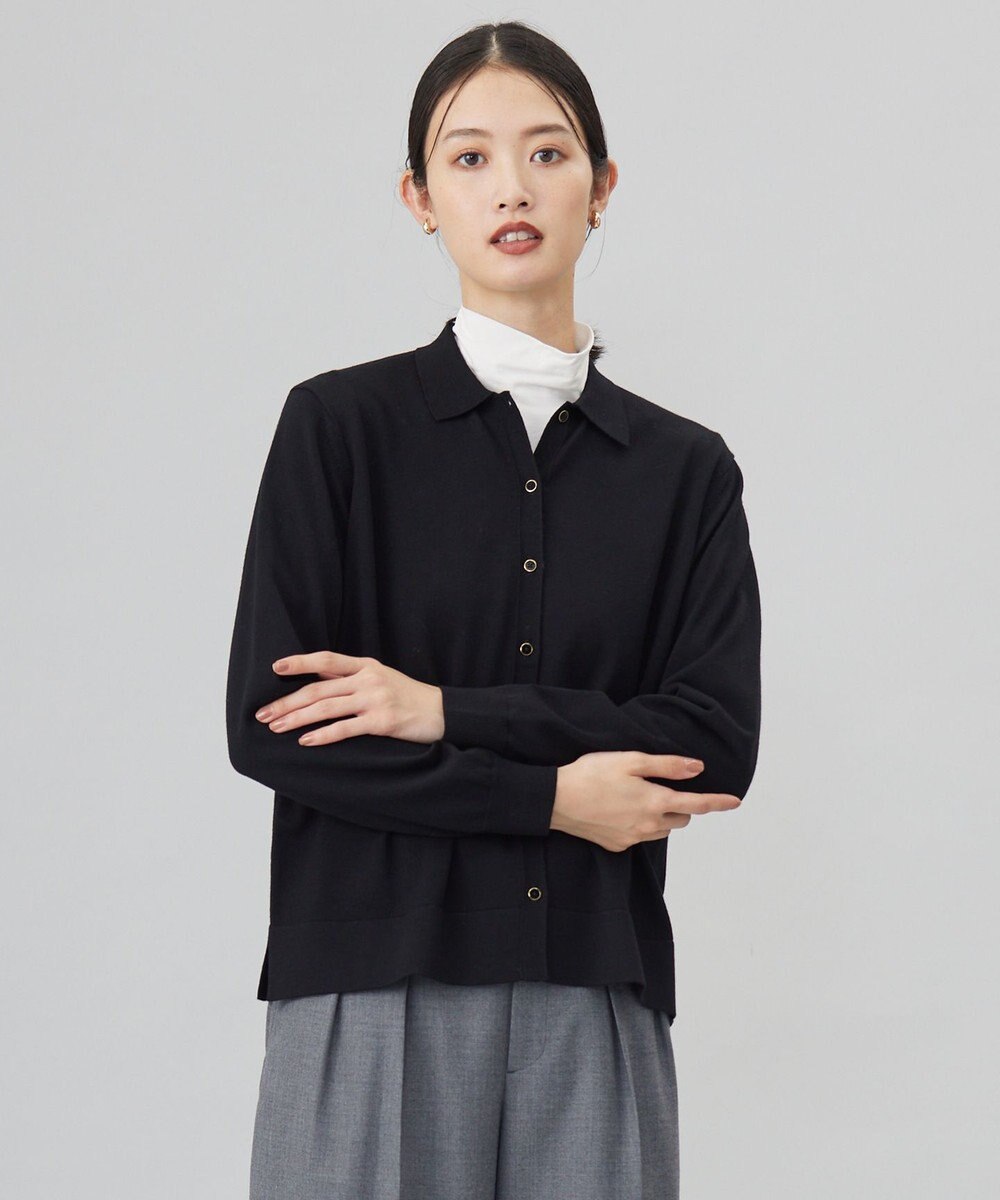 J.PRESS LADIES 【洗える】WORSTED WOOL BLEND ポロ襟付き カーディガン ブラック系