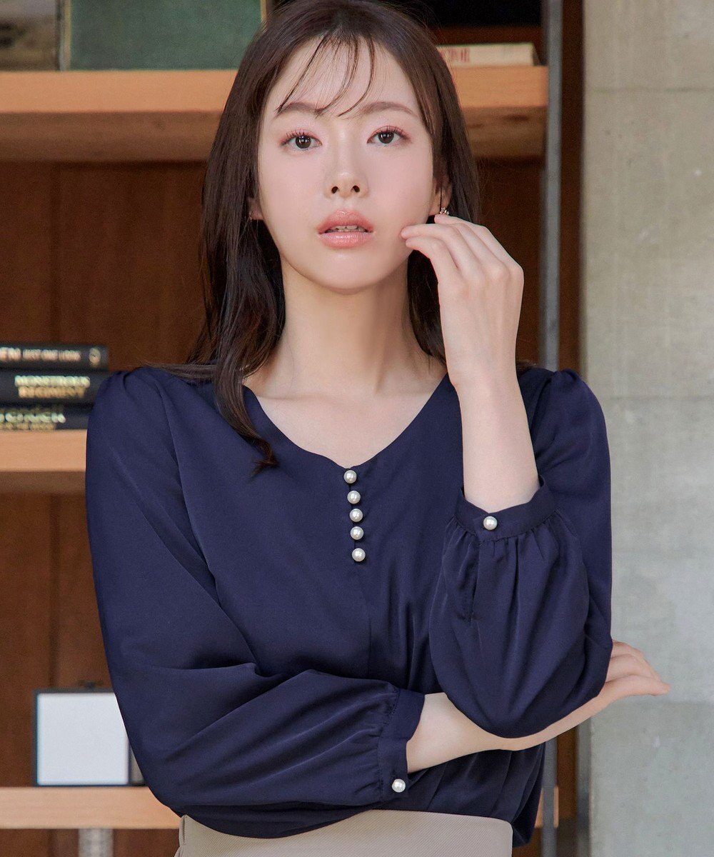 Tiaclasse 【スマート裏起毛・洗える】パールボタンブラウス 