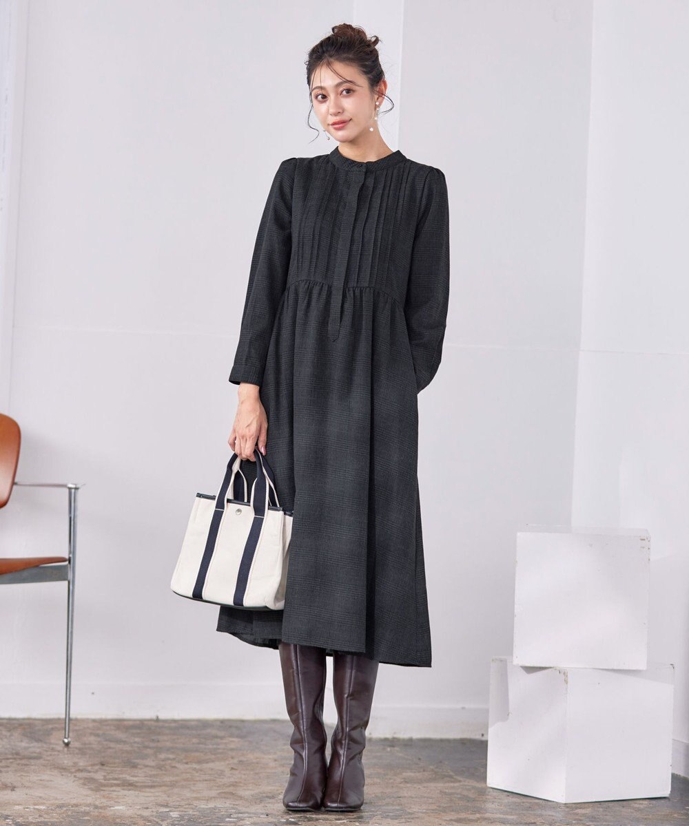 Tiaclasse 【洗える】バンドカラーチェック柄シャツワンピース 