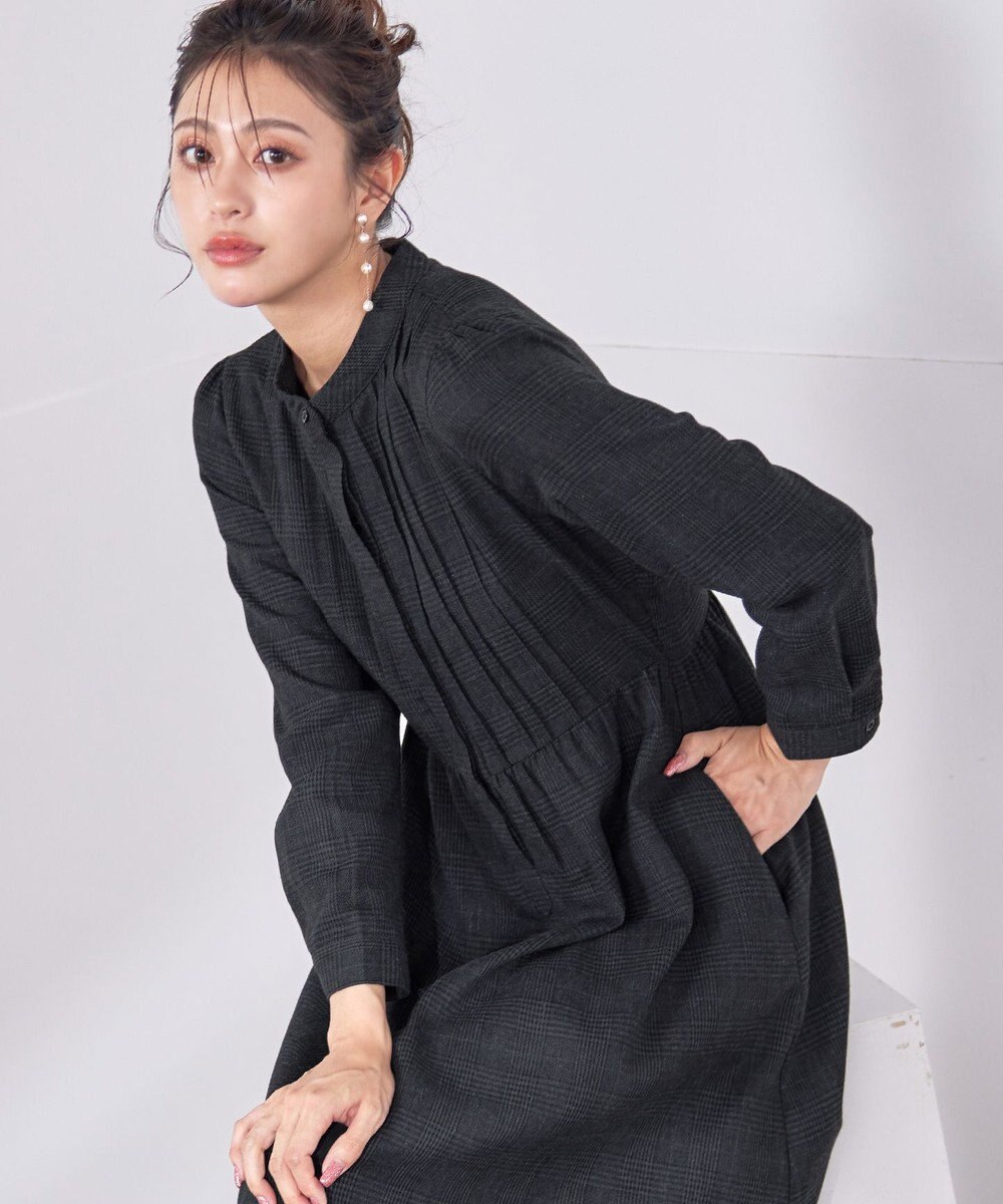 Tiaclasse 【洗える】バンドカラーチェック柄シャツワンピース 