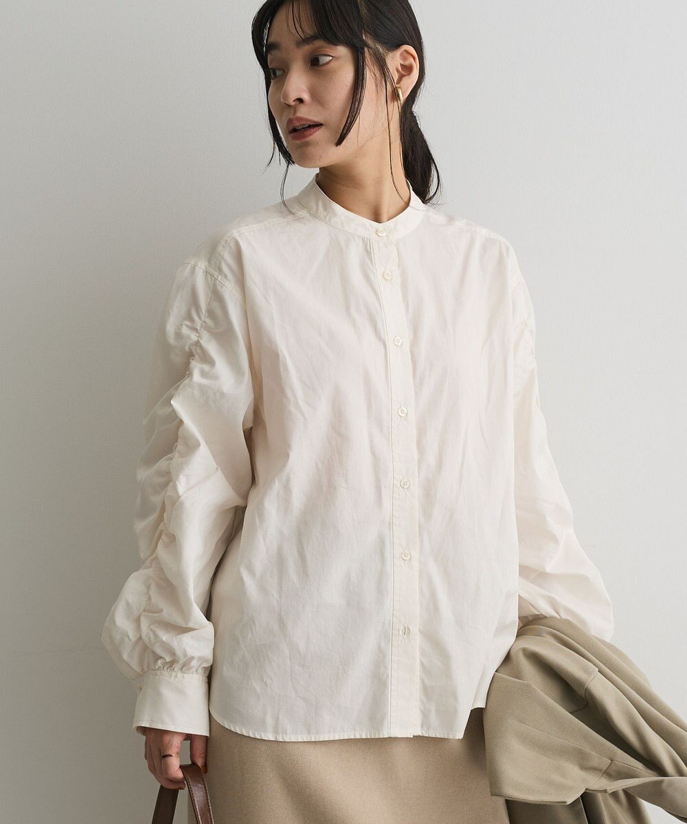 CRAFT STANDARD BOUTIQUE 袖シャーリングバンドカラーシャツ 