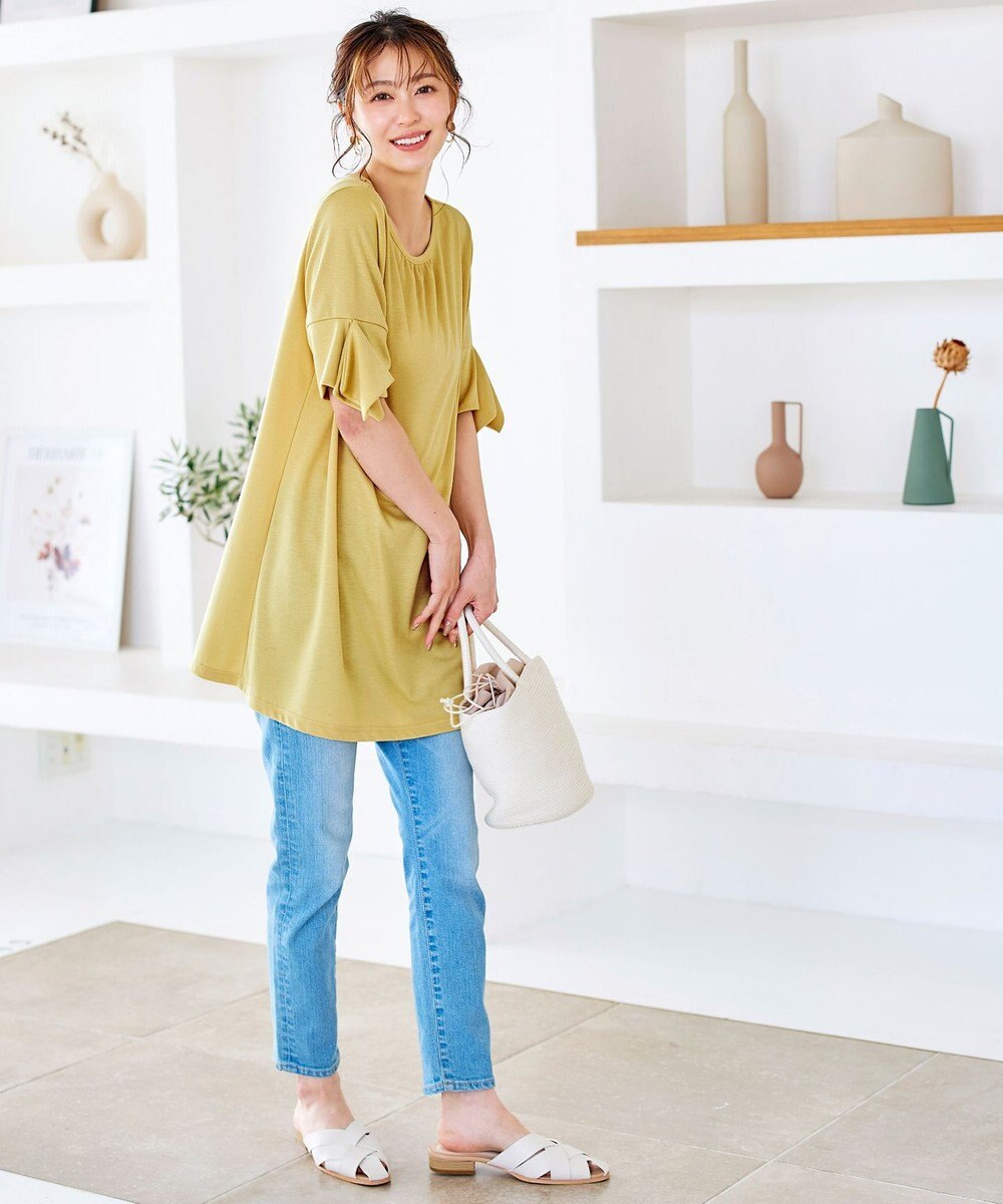 Tiaclasse 【洗える】フレアカフスポンチチュニックブラウス 