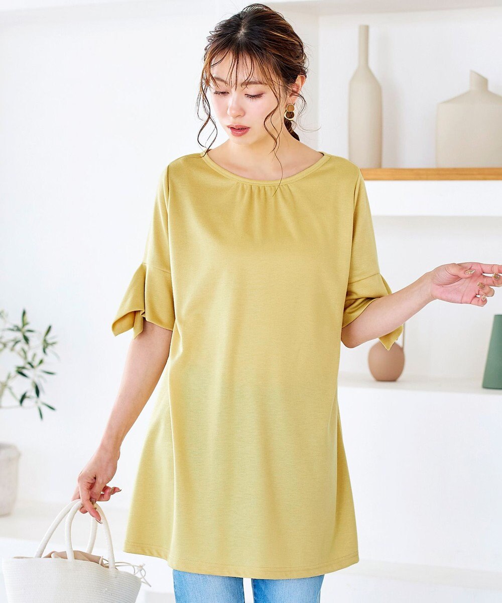 Tiaclasse 【洗える】フレアカフスポンチチュニックブラウス 