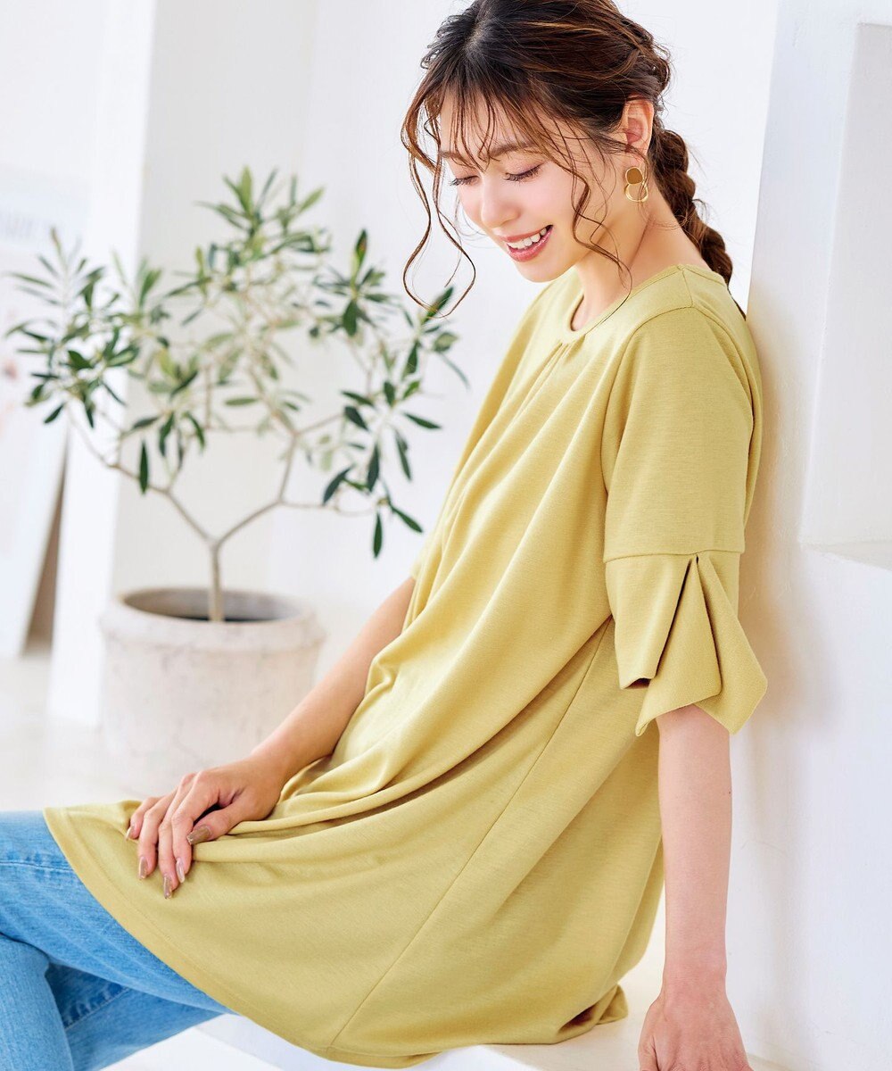 Tiaclasse 【洗える】フレアカフスポンチチュニックブラウス 