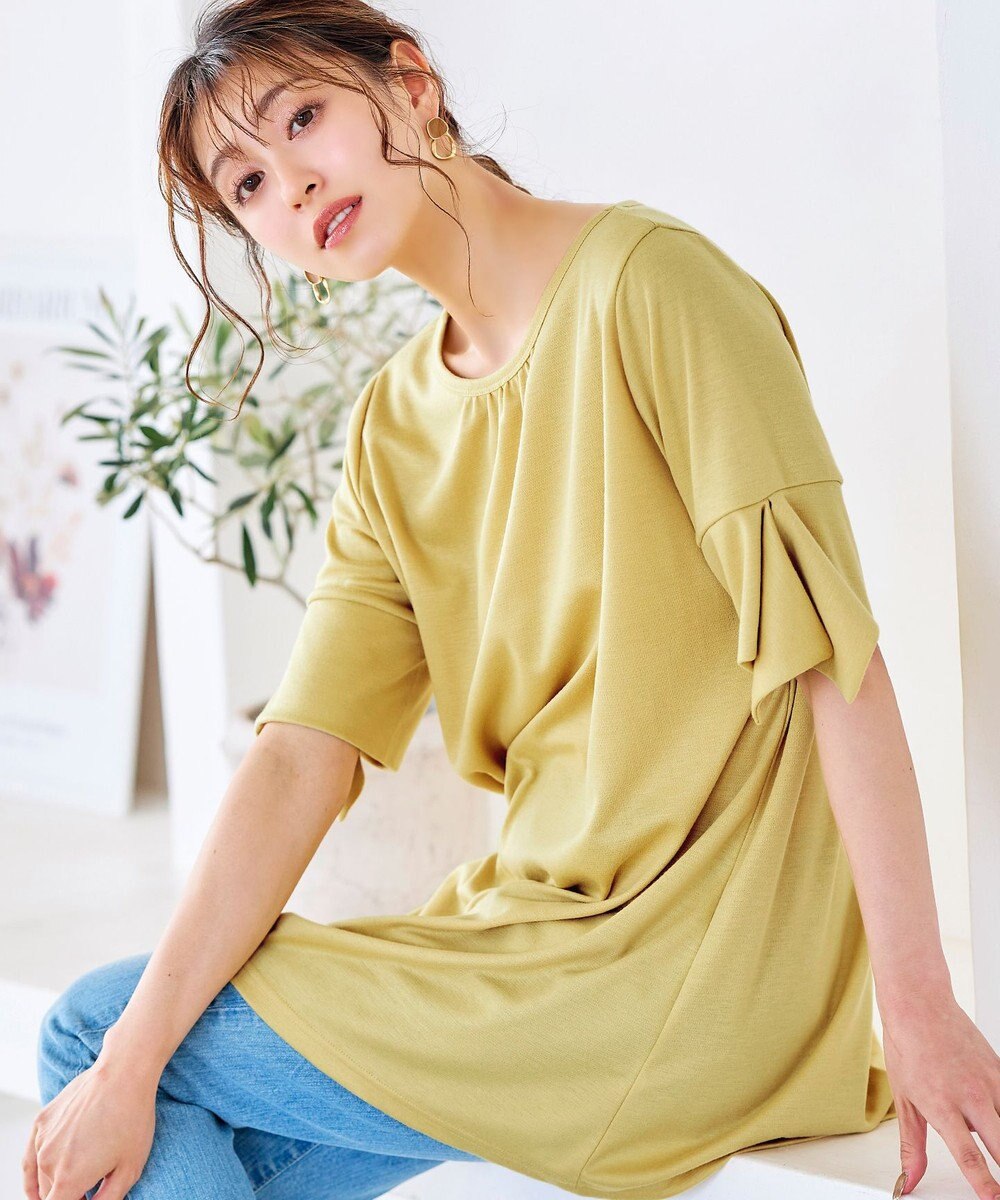 Tiaclasse 【洗える】フレアカフスポンチチュニックブラウス 