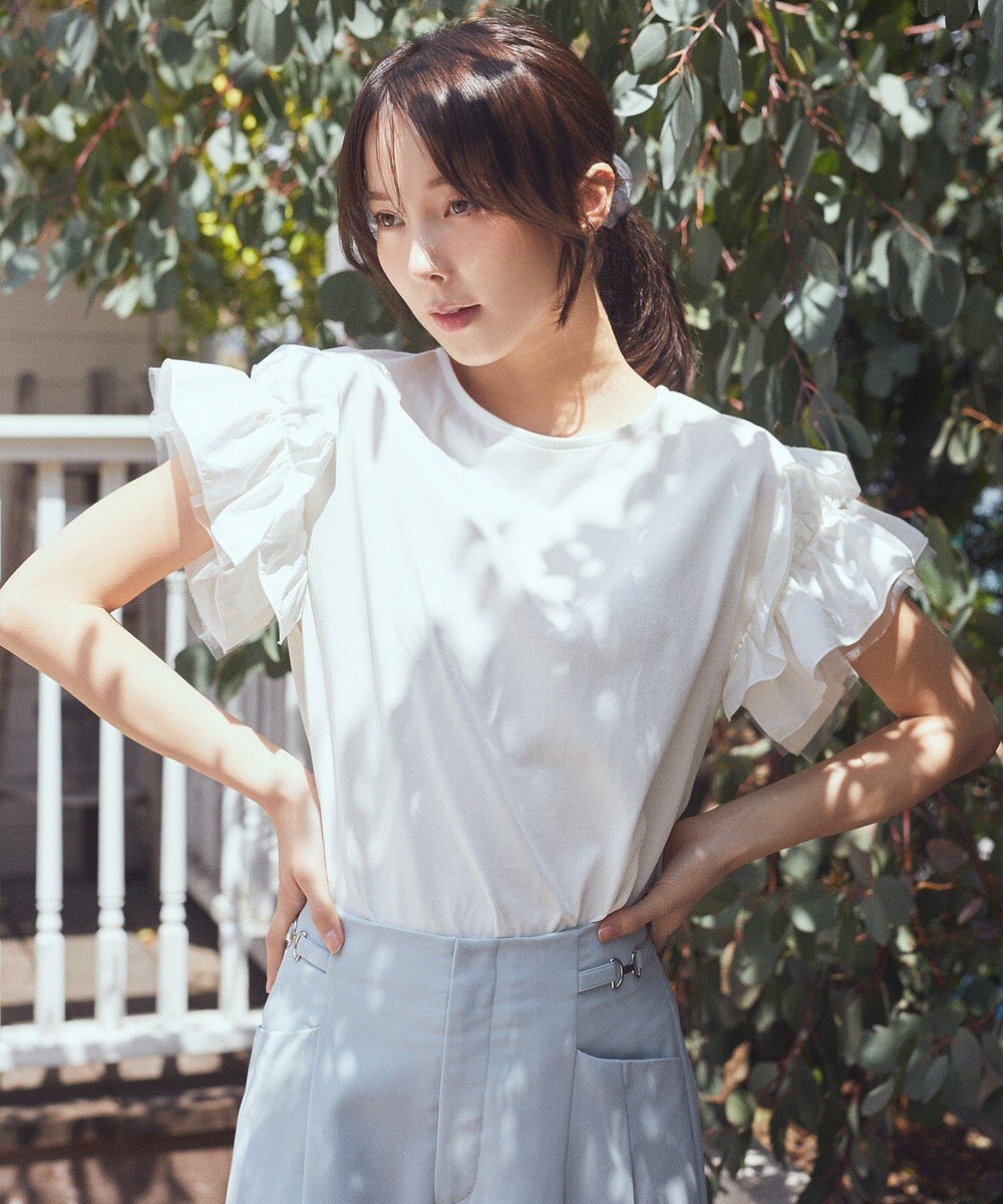 earth music&ecology 【接触冷感/洗濯機可】ギャザーフリルスリーブカットソー 