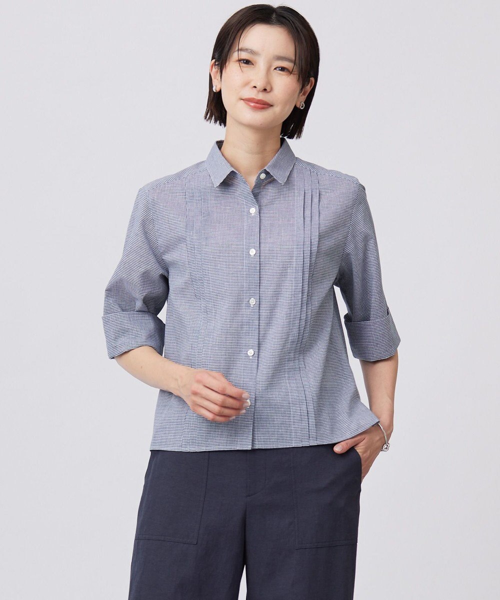 J.PRESS LADIES 【洗える】リネンminiチェック フロントピンタック シャツ 