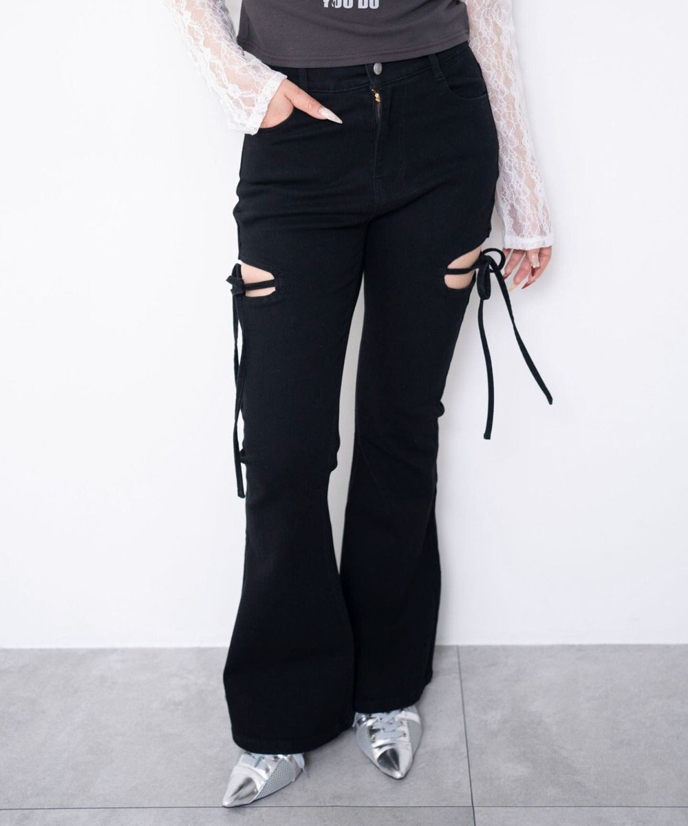 WEGO 【SMサイズ展開/伸びる】カットアウトリボンストレッチフレアデニムパンツ 
