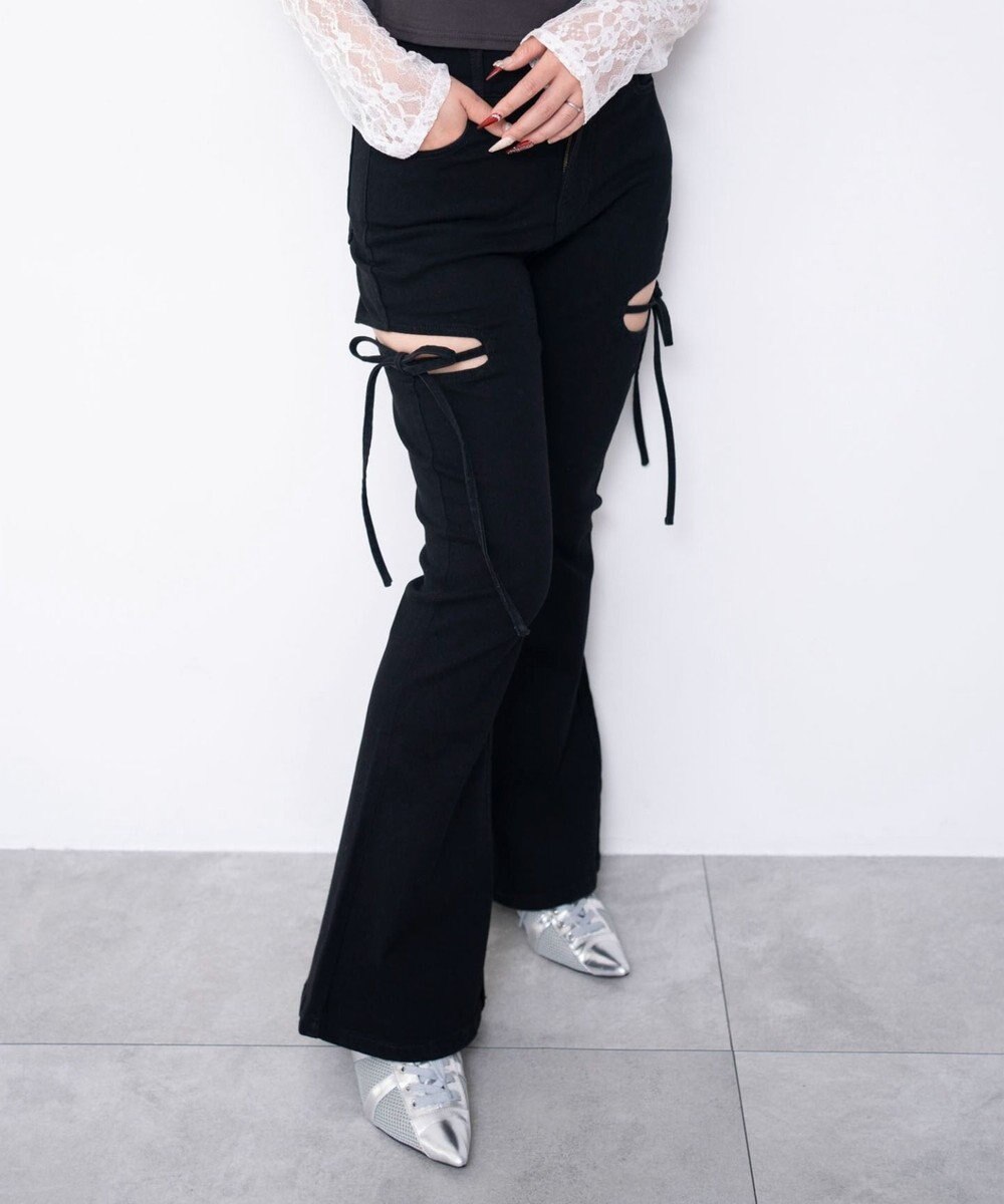 WEGO 【SMサイズ展開/伸びる】カットアウトリボンストレッチフレアデニムパンツ 