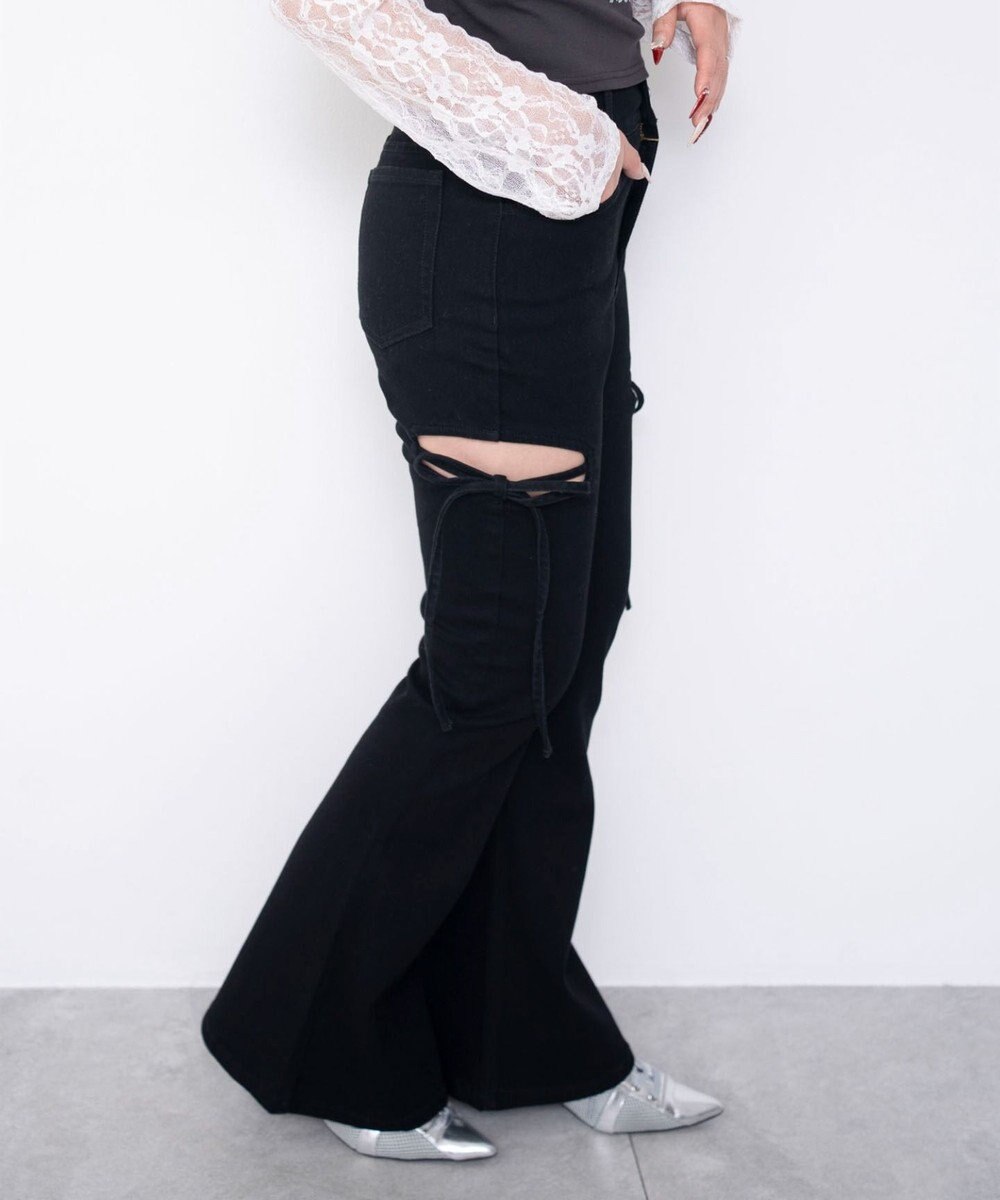 WEGO 【SMサイズ展開/伸びる】カットアウトリボンストレッチフレアデニムパンツ 
