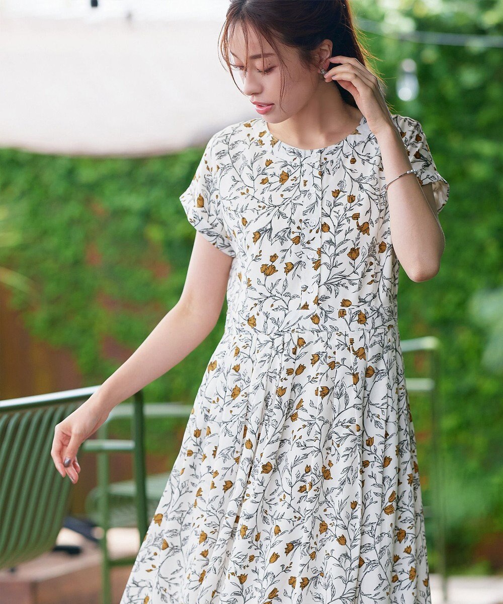 Tiaclasse L 【洗える】リーフフラワー柄ワンピース 