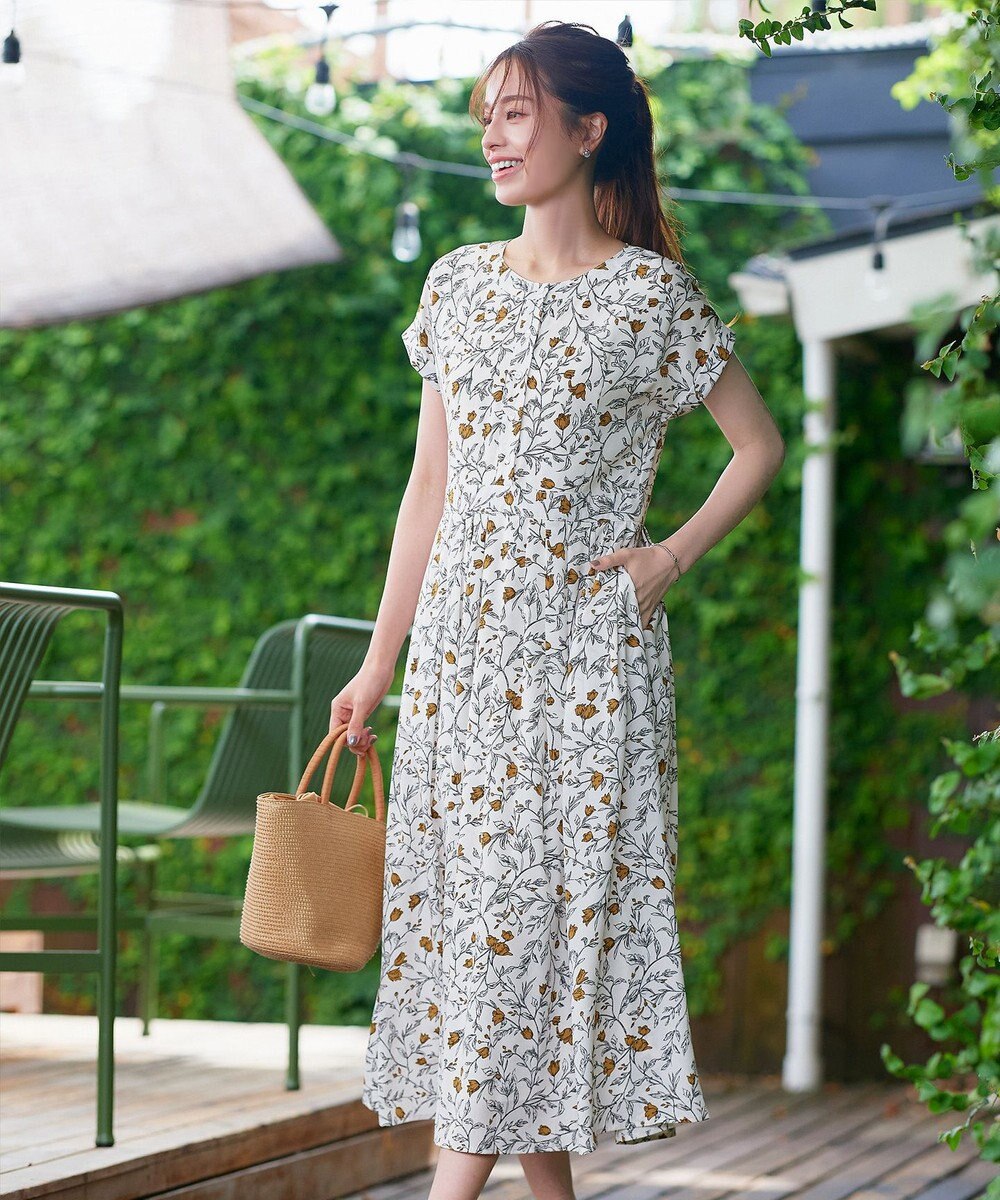 Tiaclasse L 【洗える】リーフフラワー柄ワンピース 