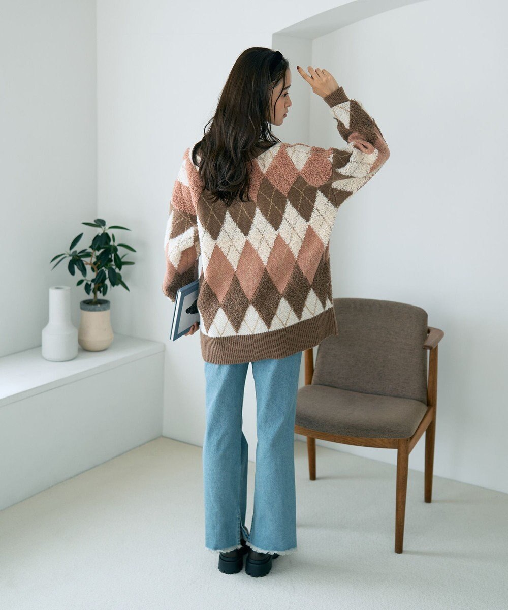 earth music&ecology ループ編みアーガイルカーディガン 