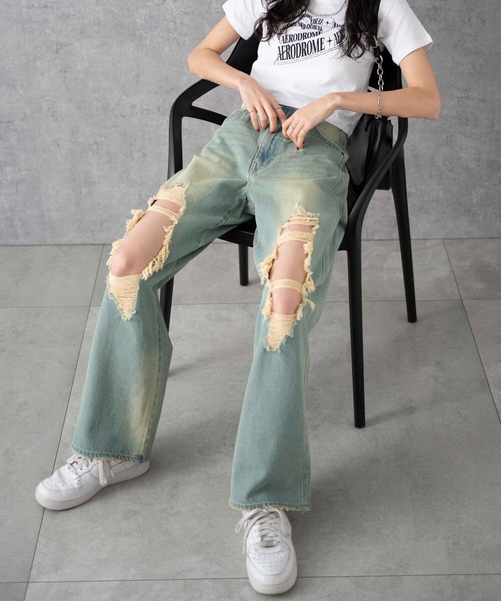 WEGO ヴィンテージウォッシュダメージデニムパンツ 