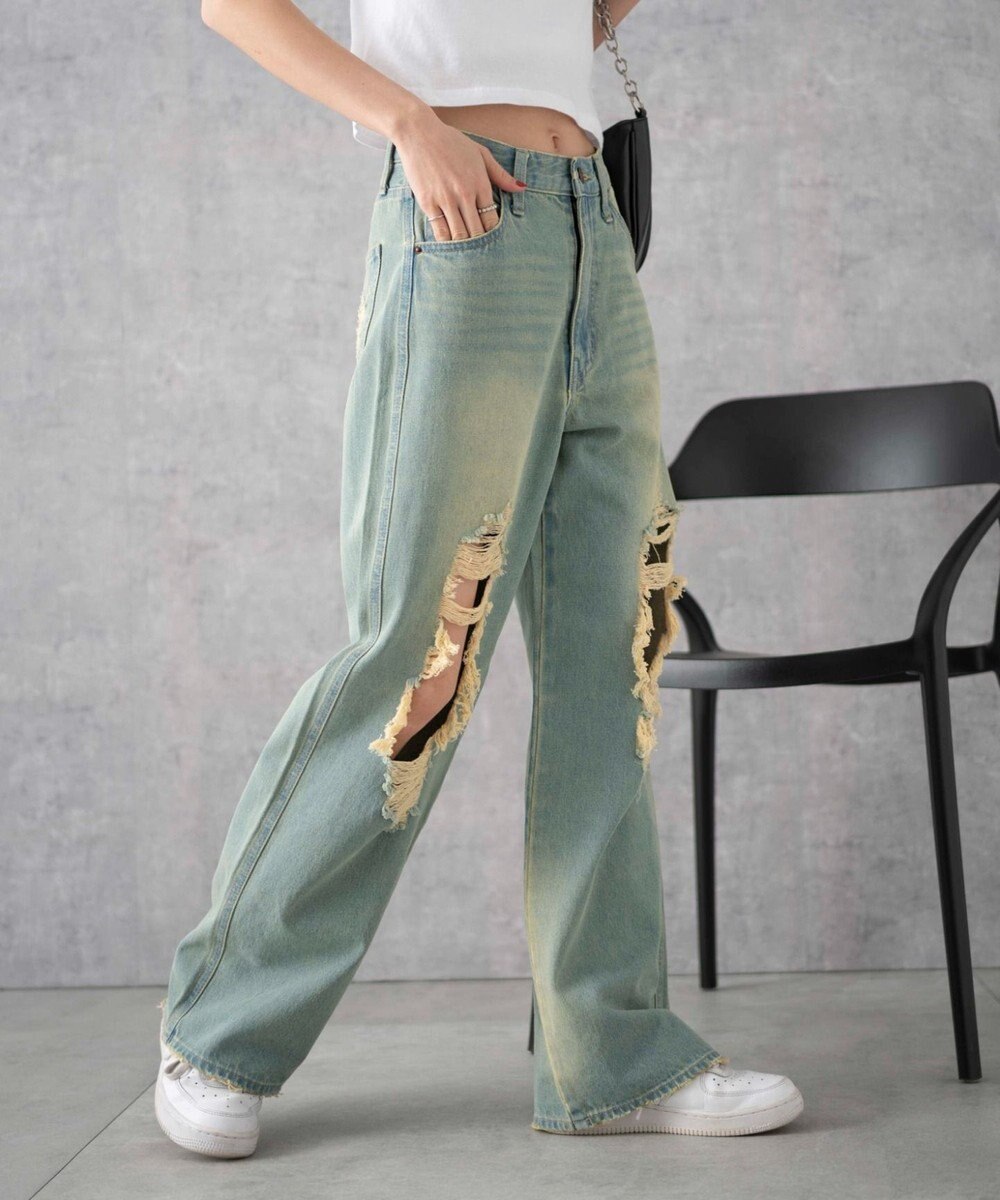 WEGO ヴィンテージウォッシュダメージデニムパンツ 