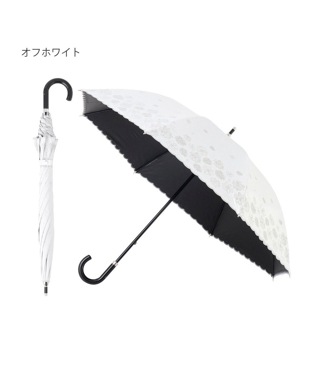MOONBAT ランバン オン ブルー 晴雨兼用日傘 長傘 フラワー×スカラ刺繍 遮光 遮熱 UV オフホワイト