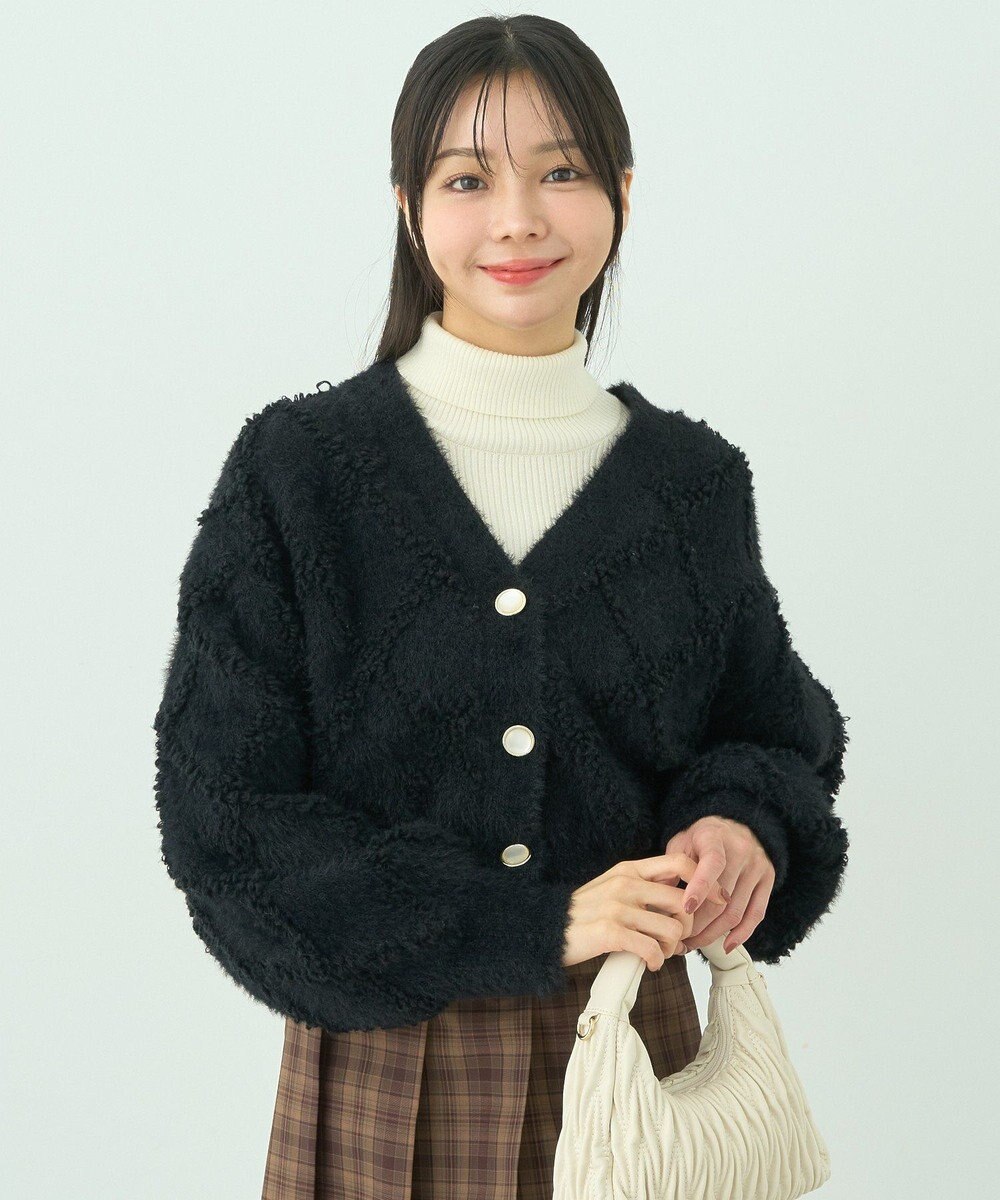 earth music&ecology シャギーダイヤ柄ショートニットカーディガン 