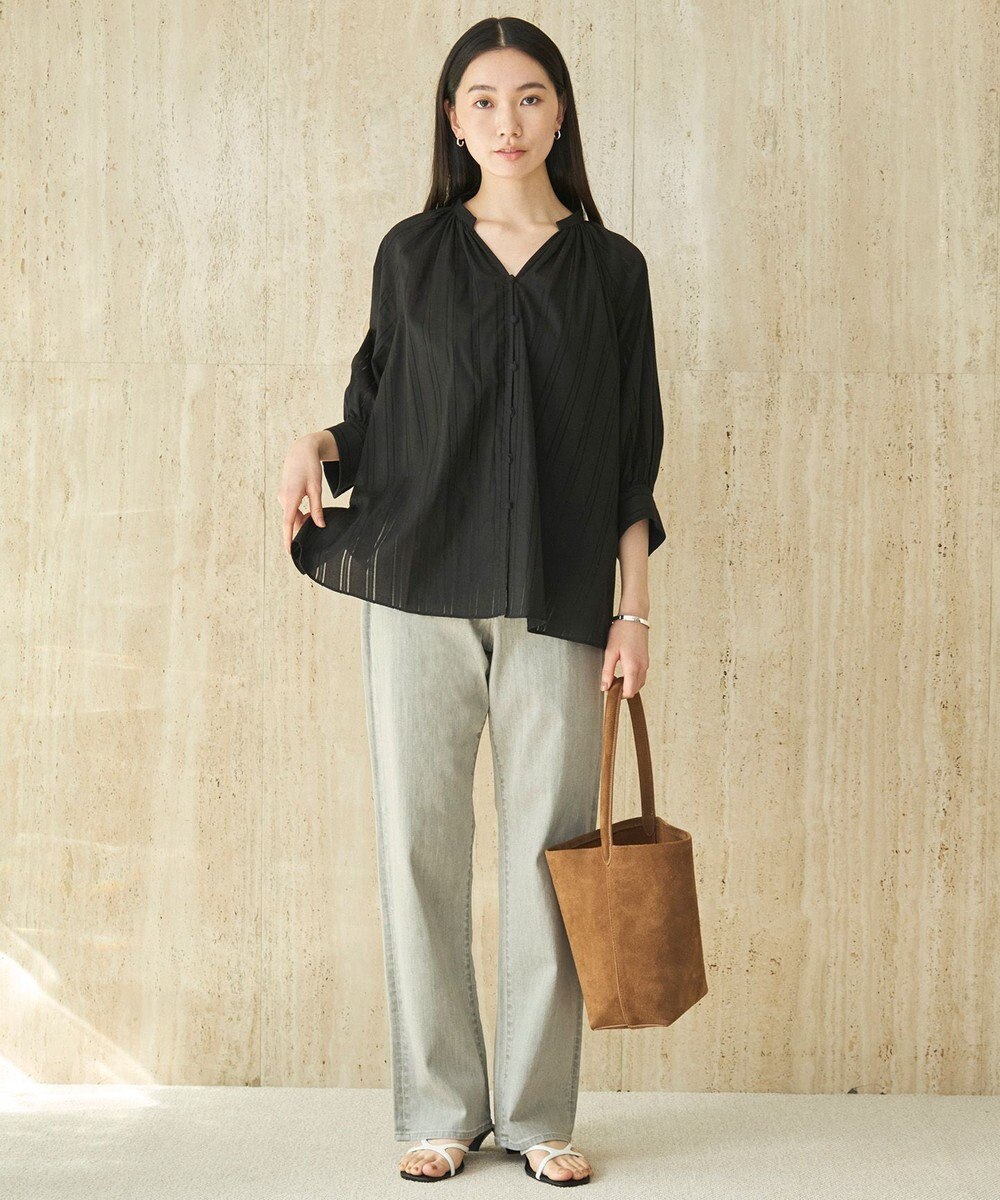 UNFILO ストライプレース ギャザーブラウス 