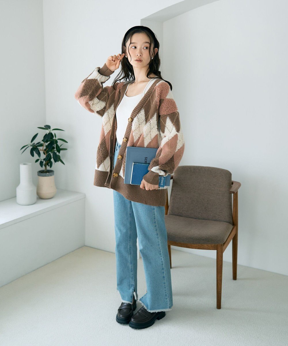 earth music&ecology ループ編みアーガイルカーディガン 