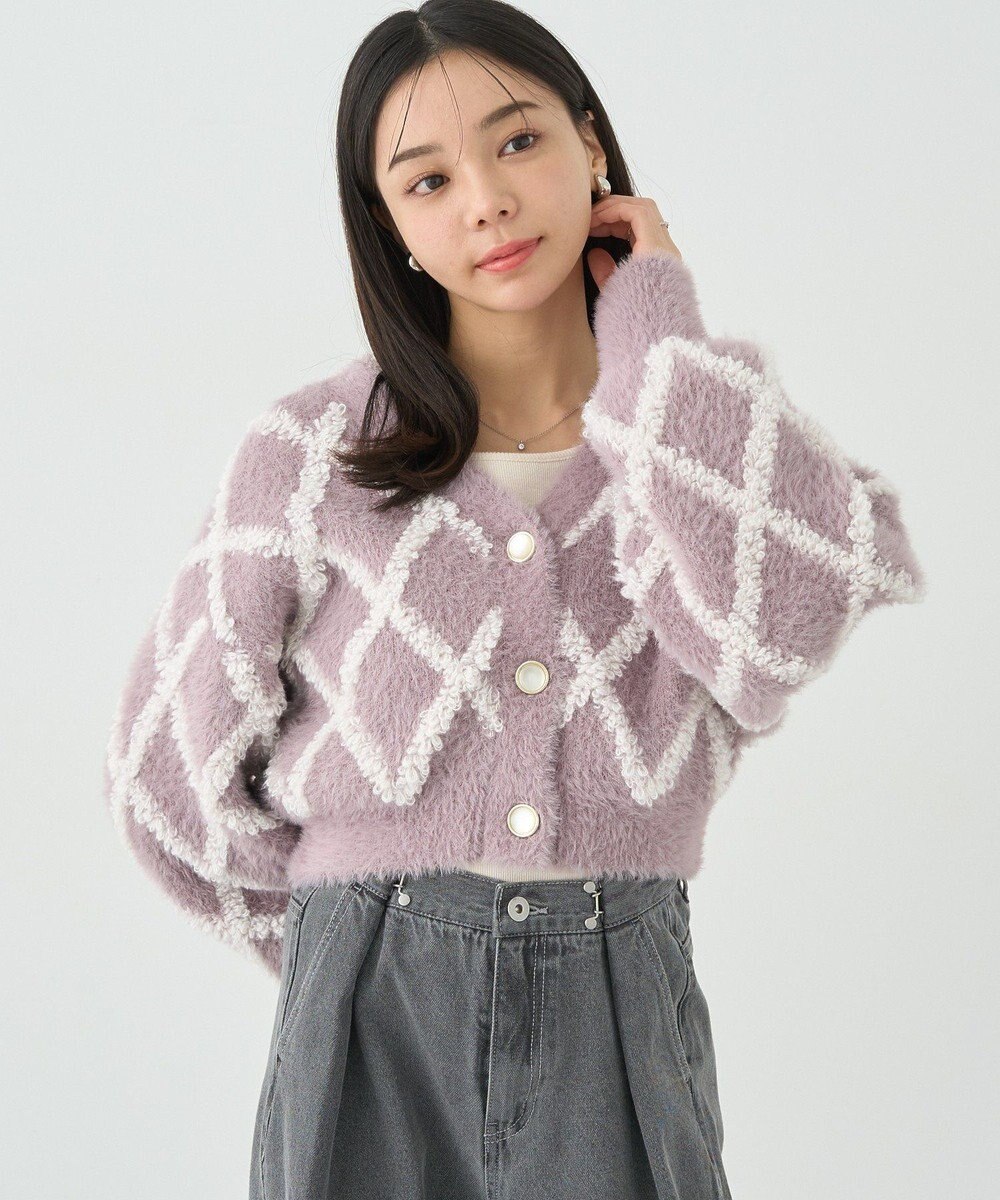 earth music&ecology シャギーダイヤ柄ショートニットカーディガン 