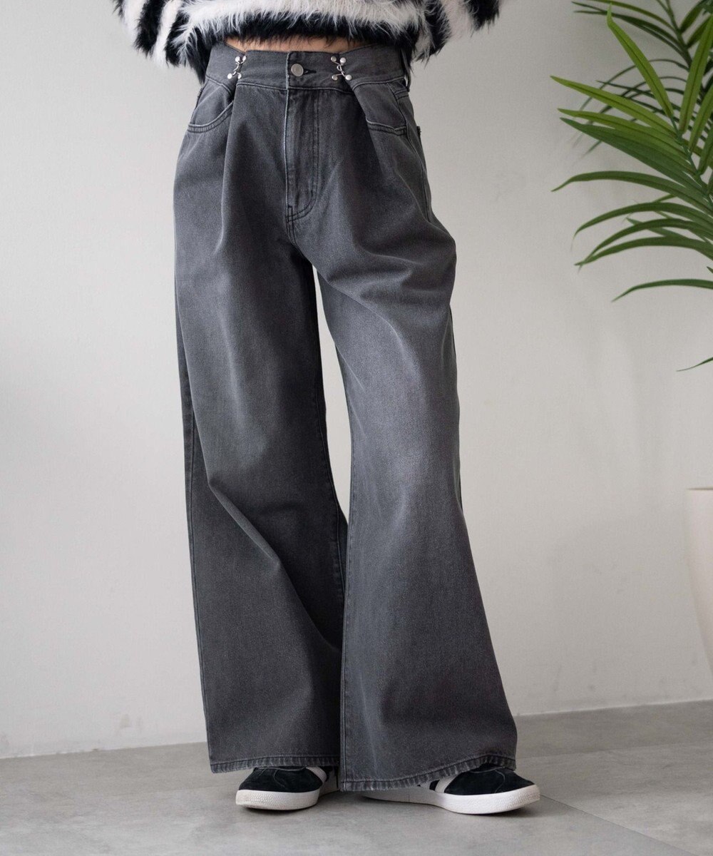 WEGO 【ウエスト調整付き】ウエストフックデニムワイドパンツ 