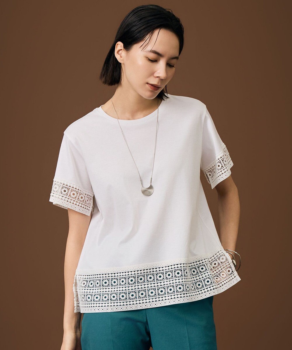 自由区 ナチュラルコットンハイゲージレースドッキング Tシャツ 