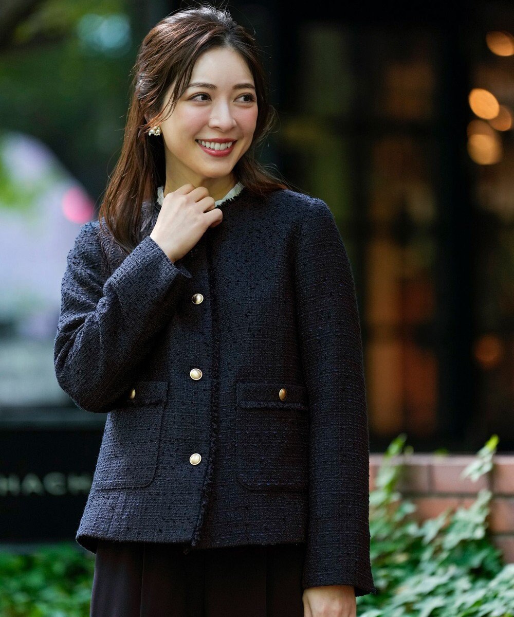 ANY SIS L ノーカラーフリンジツイード ジャケット 