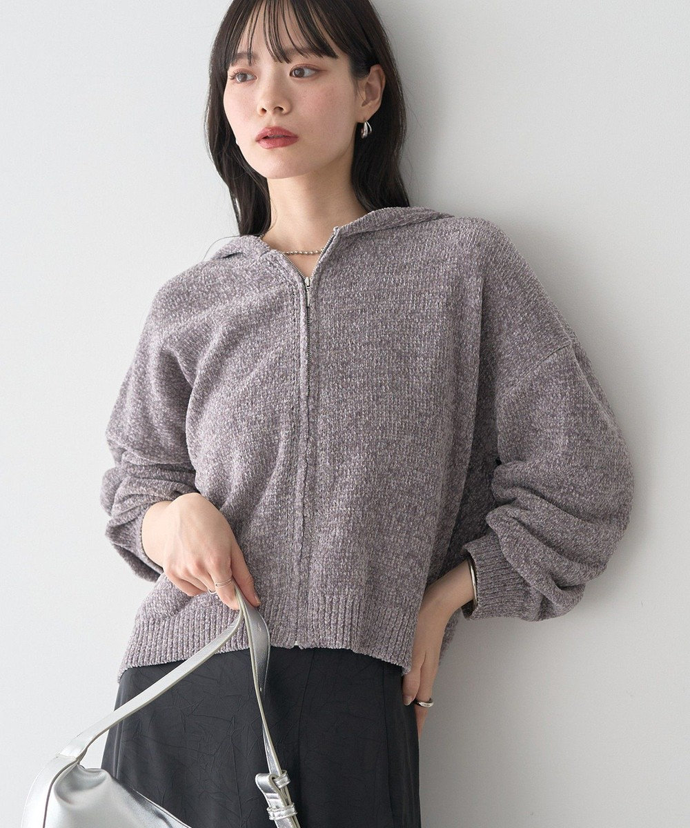 earth music&ecology ベロアフーディージップニットカーディガン 