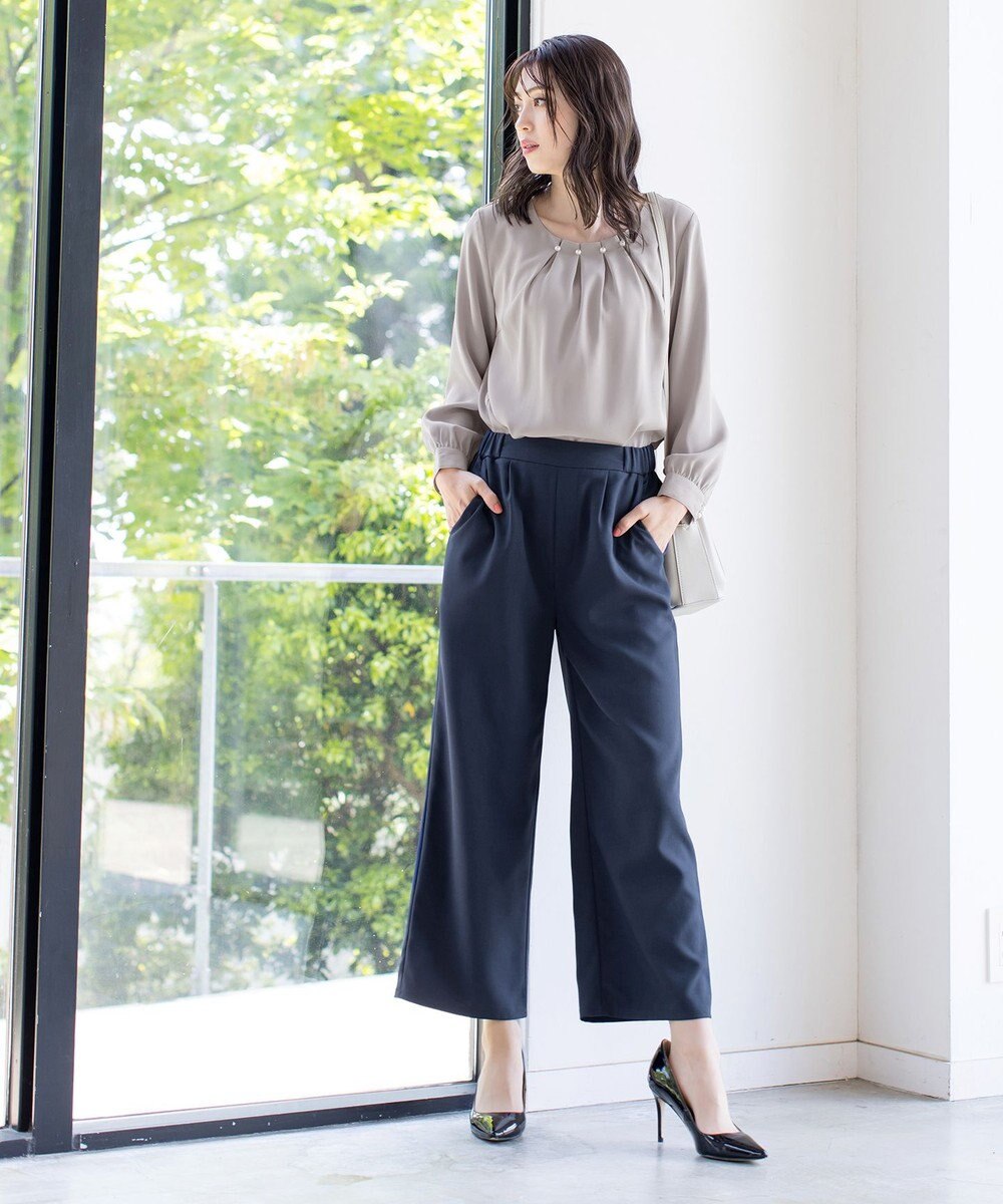 Tiaclasse L 【洗える】大人上品なタックパールブラウス 