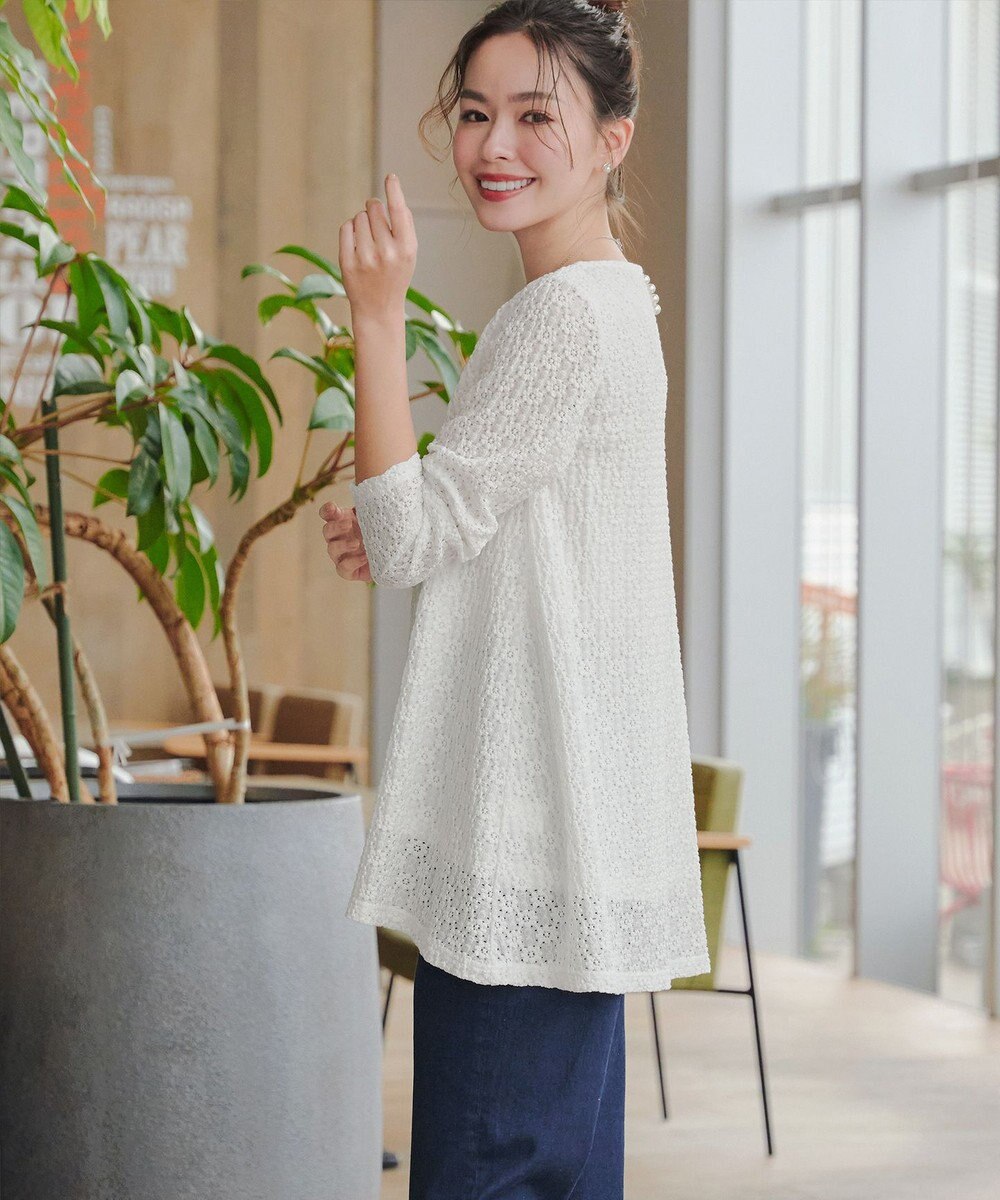 Tiaclasse L 花柄カットレースフレアトップス 