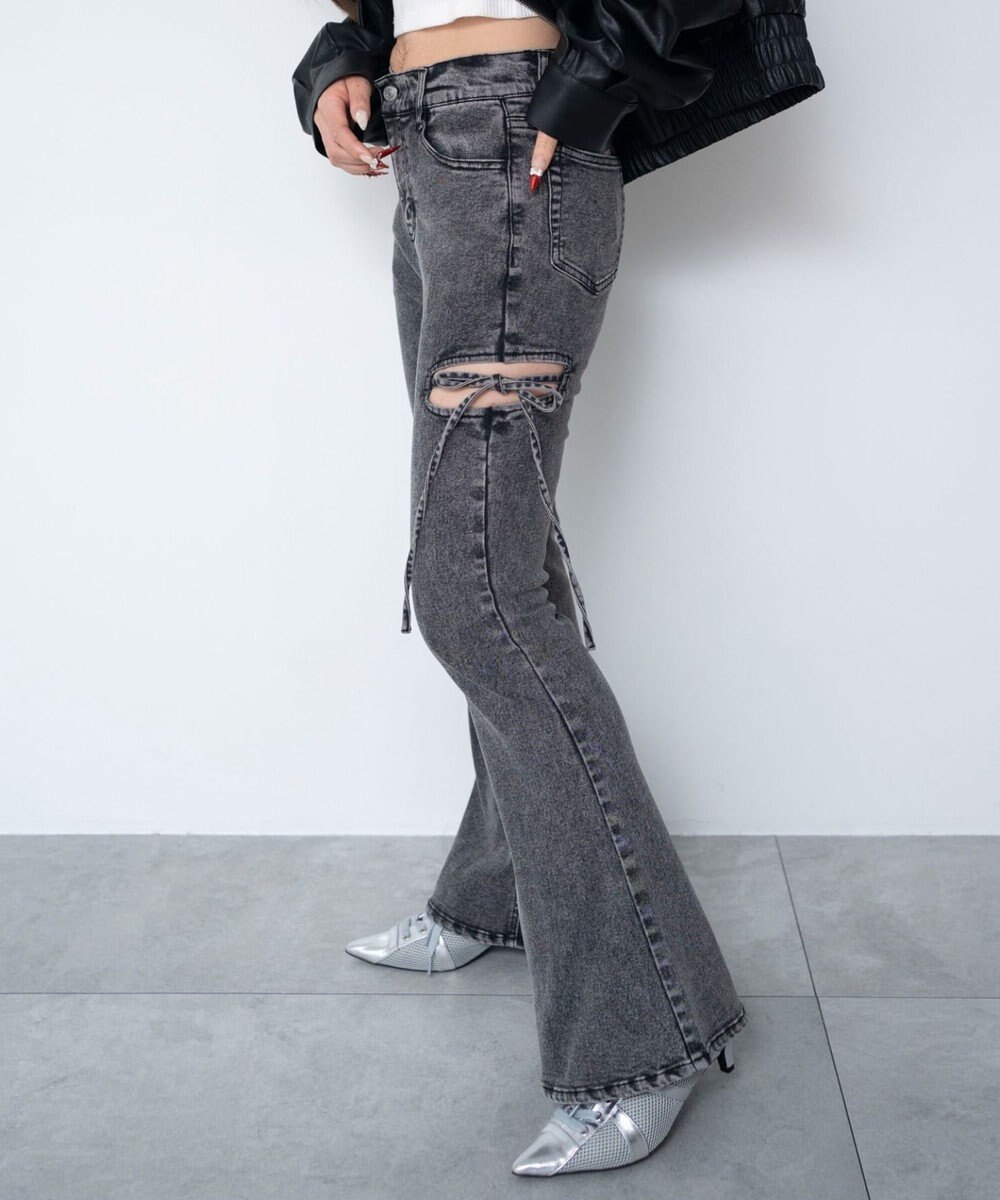 WEGO 【SMサイズ展開/伸びる】カットアウトリボンストレッチフレアデニムパンツ 