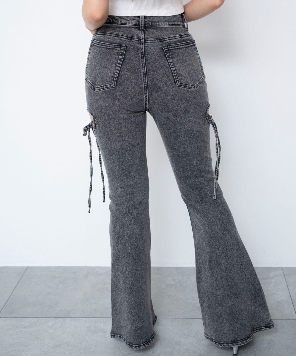 WEGO 【SMサイズ展開/伸びる】カットアウトリボンストレッチフレアデニムパンツ 