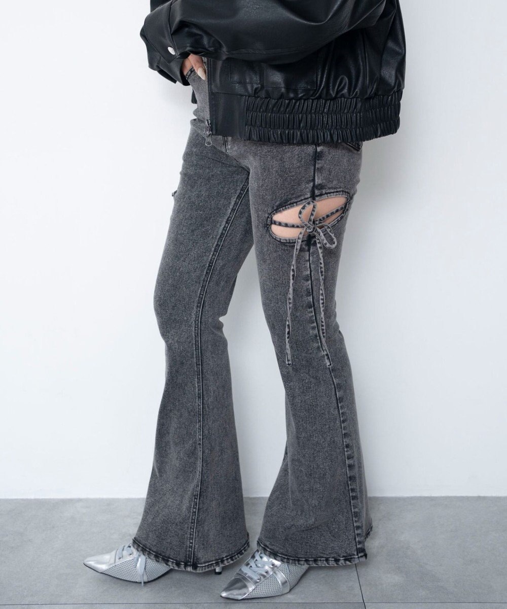 WEGO 【SMサイズ展開/伸びる】カットアウトリボンストレッチフレアデニムパンツ 