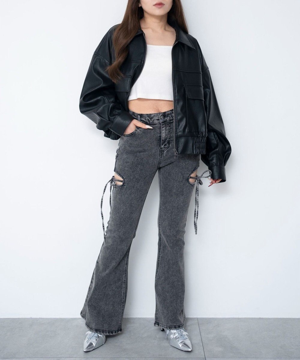 WEGO 【SMサイズ展開/伸びる】カットアウトリボンストレッチフレアデニムパンツ 