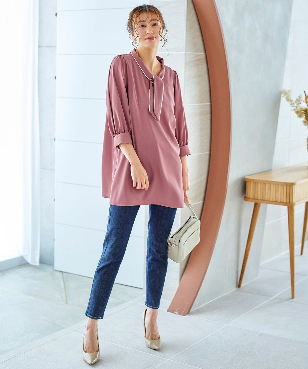 Tiaclasse L 【洗える】配色ボウタイパフ袖チュニックブラウス 