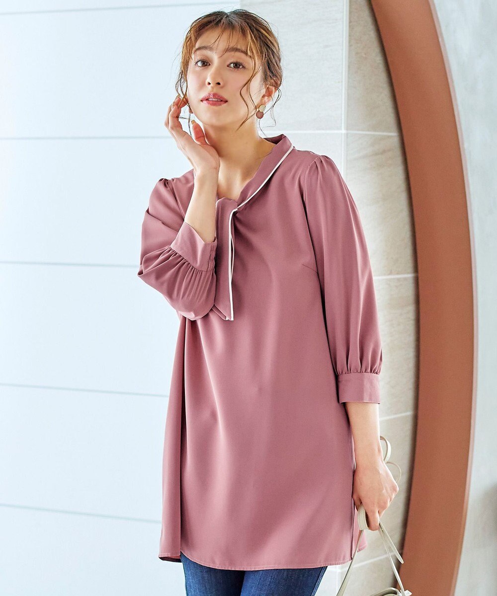 Tiaclasse L 【洗える】配色ボウタイパフ袖チュニックブラウス 