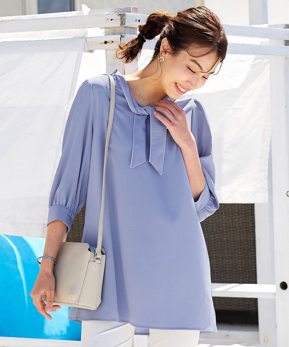 Tiaclasse L 【洗える】配色ボウタイパフ袖チュニックブラウス 