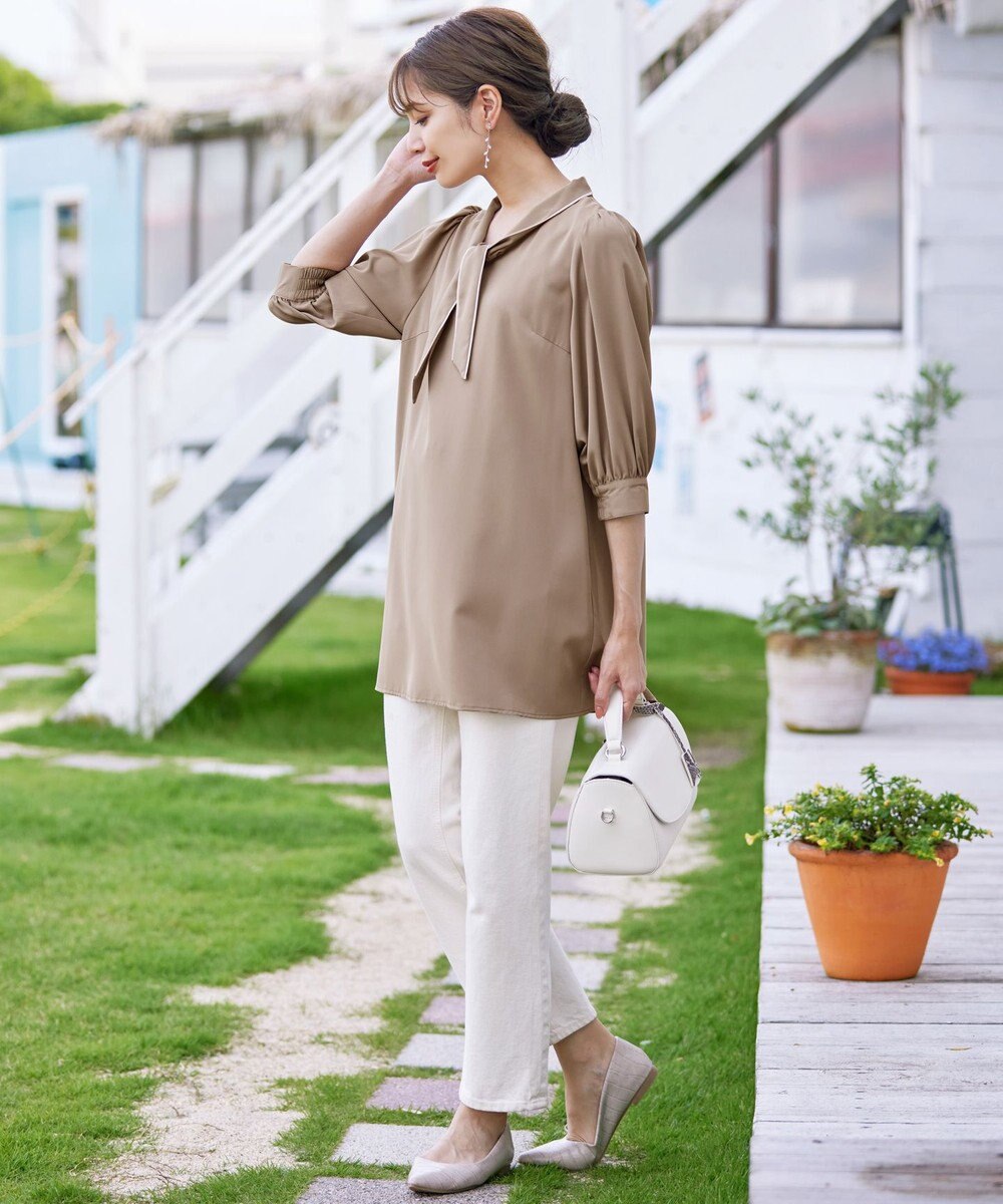 Tiaclasse L 【洗える】配色ボウタイパフ袖チュニックブラウス 