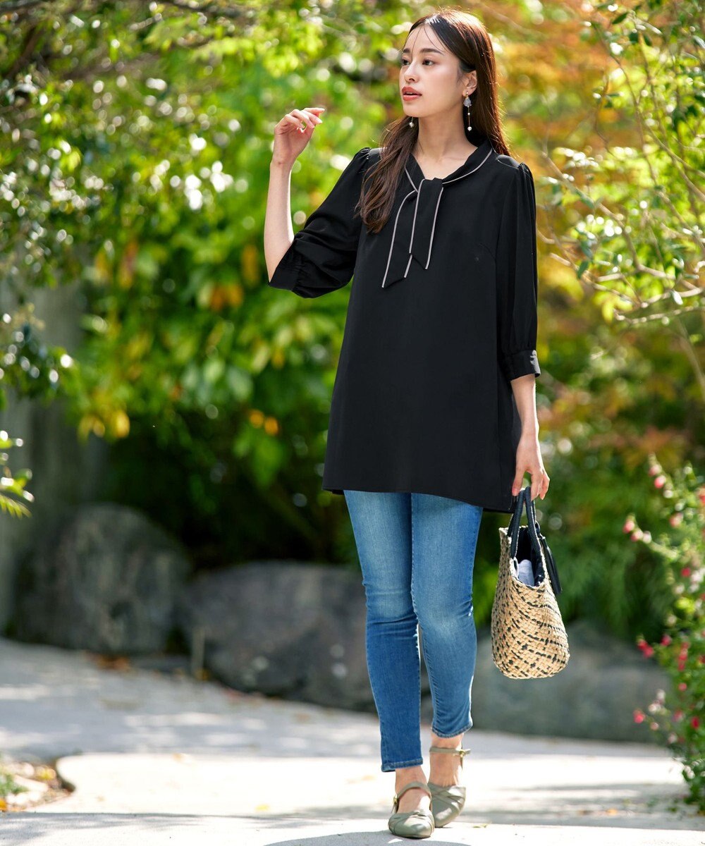 Tiaclasse L 【洗える】配色ボウタイパフ袖チュニックブラウス 