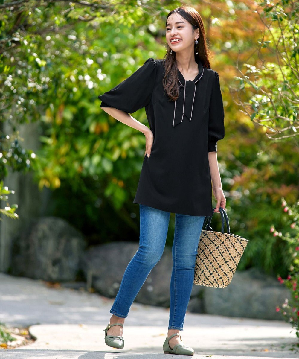 Tiaclasse L 【洗える】配色ボウタイパフ袖チュニックブラウス 