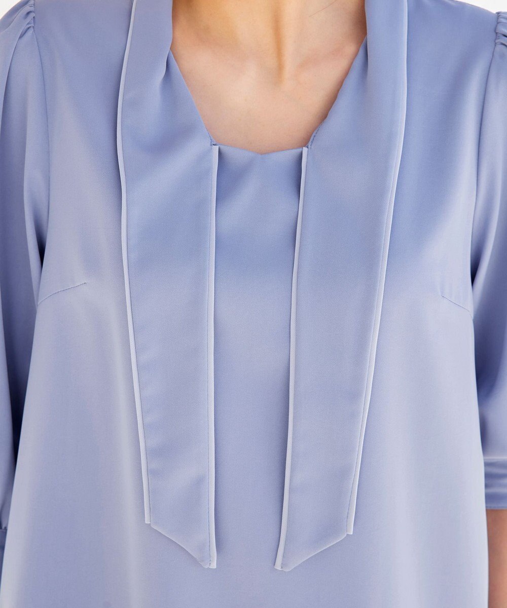 Tiaclasse L 【洗える】配色ボウタイパフ袖チュニックブラウス 