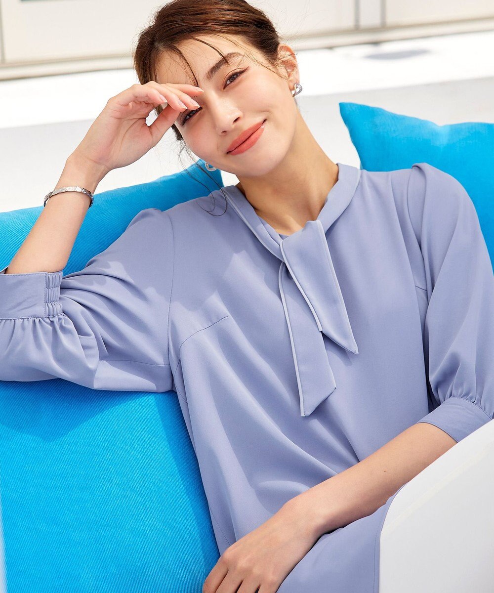 Tiaclasse L 【洗える】配色ボウタイパフ袖チュニックブラウス 