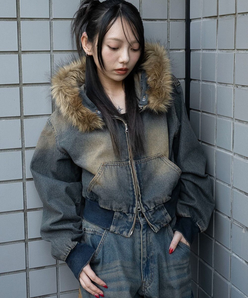 WEGO ファーフードデニムショートブルゾン 