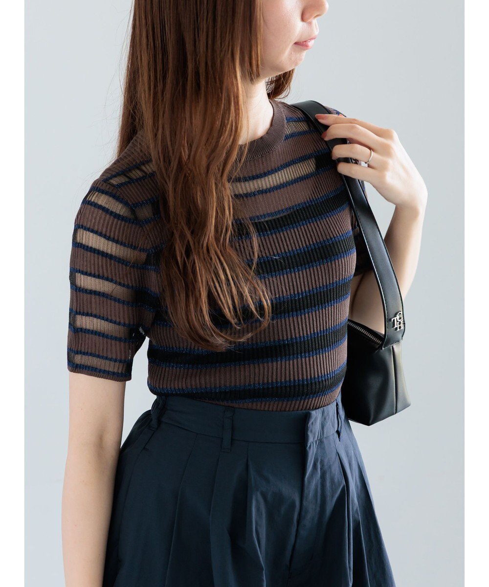 Te chichi シアーマルチボーダーハーフスリーブニット 