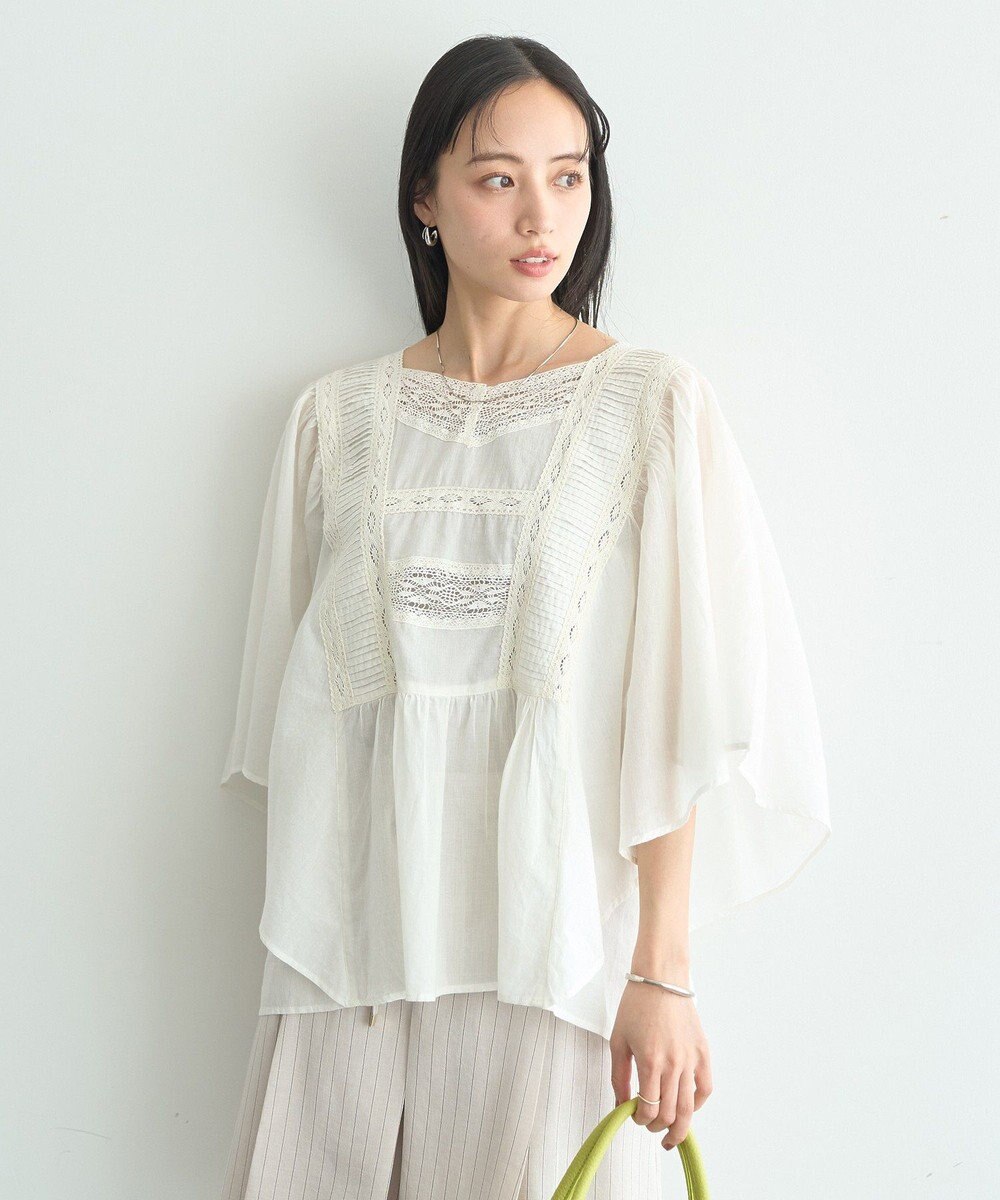 earth music&ecology 【WEB・一部店舗限定】【綿100％】レース＆ピンタックポンチョ 