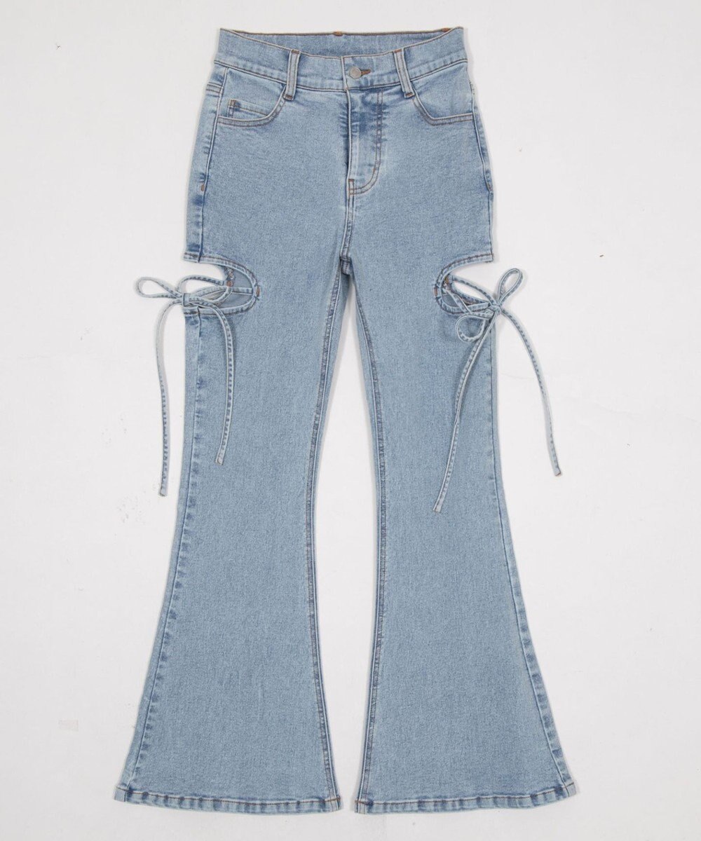 WEGO 【SMサイズ展開/伸びる】カットアウトリボンストレッチフレアデニムパンツ 