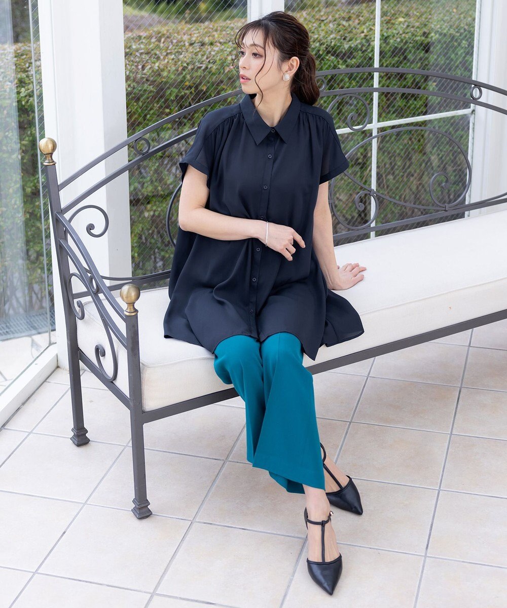 Tiaclasse L 【洗える】フレンチスリーブシャツチュニックブラウス 